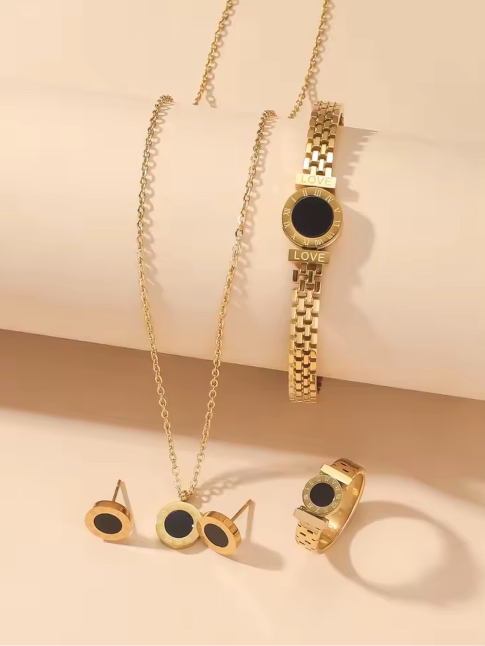 Gold Black Inlay Jewelry Set - Necklace, Earrings, Bracelet, Ring